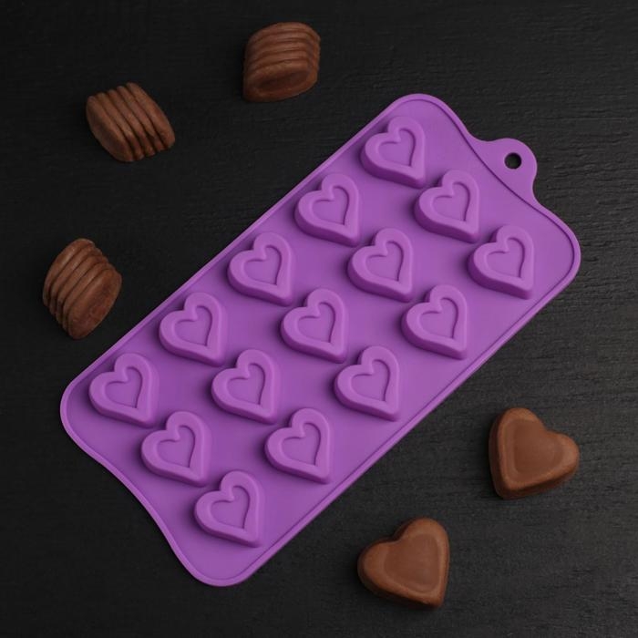 Форма для конфет и шоколада Доляна «Сердечко», силикон, 21×10 см, 15 ячеек (2,7×2,8 см), цвет МИКС Форма для конфет и шоколада Доляна «Сердечко», силикон, 21×10 см, 15 ячеек (2,7×2,8 см), цвет МИКС