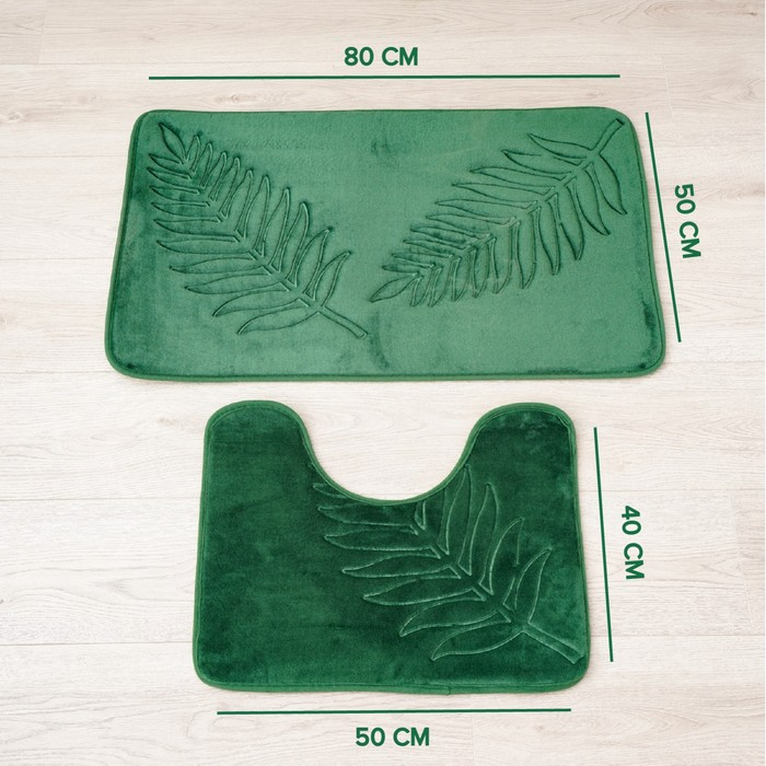 Коврики для ванной и туалета Доляна «Тропики», 2 шт: 40×50 см, 50×80 см, цвет зелёный Коврики для ванной и туалета Доляна «Тропики», 2 шт: 40×50 см, 50×80 см, цвет зелёный