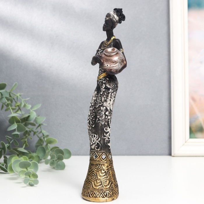 Сувенир полистоун  Сувенир полистоун "Африканка с кувшином, в платье с серебристыми цветами" МИКС 25,5х7х5 см