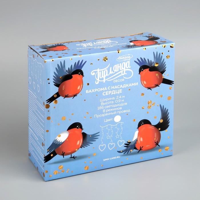 Гирлянда «Бахрома» 2.4 × 0.9 м с насадками «Сердце», IP20, прозрачная нить, 186 LED, свечение белое, 8 режимов, 220 В Гирлянда «Бахрома» 2.4 × 0.9 м с насадками «Сердце», IP20, прозрачная нить, 186 LED, свечение белое, 8 режимов, 220 В