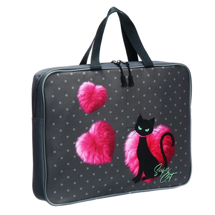 Папка с ручками текстильная А4, 370 х 280 х 60 мм, Stavia Папка с ручками текстильная А4, 370 х 280 х 60 мм, Stavia "Чёрная кошка" розовый