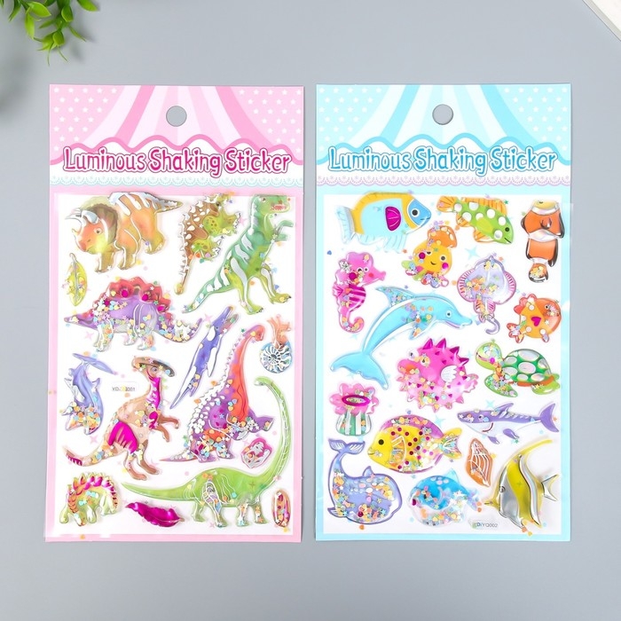 Наклейка пластик объёмные с глиттером Наклейка пластик объёмные с глиттером "Динозавры/Рыбы" золото/серебро МИКС