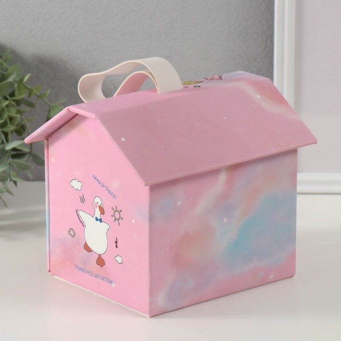 Шкатулка кожзам для украшений домик  Шкатулка кожзам для украшений домик "Утёнок" розовая 16,5х19х16,5 см