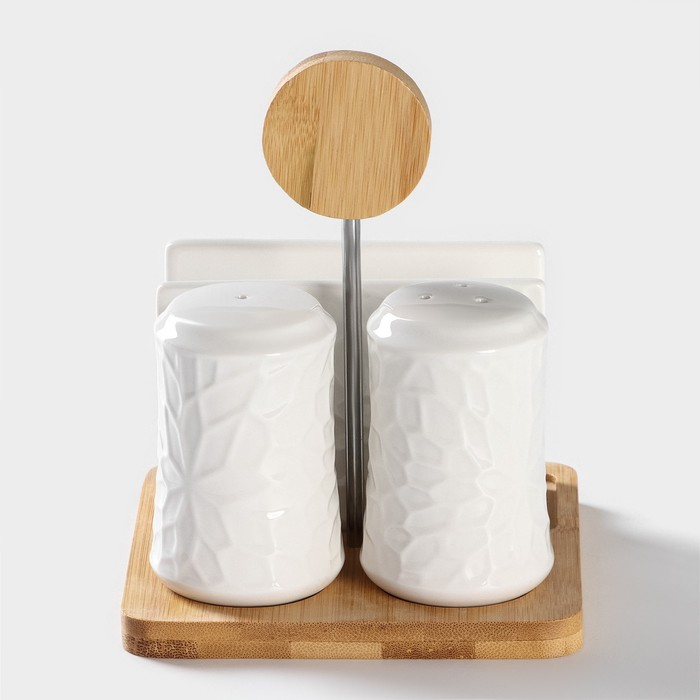 Набор фарфоровый для специй BellaTenero, 4 предмета: солонка, перечница, салфетница, подставка-держатель, цвет белый