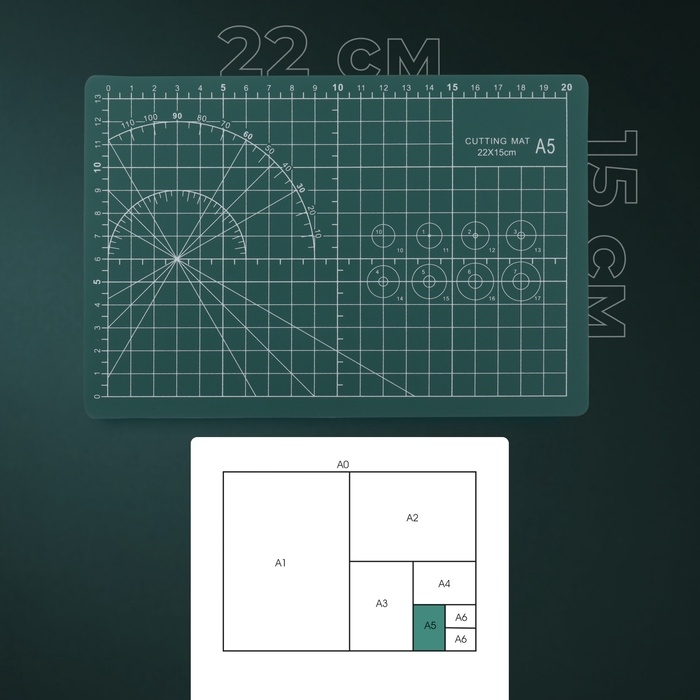 Мат для резки, трёхслойный, 22 × 15 см, А5, цвет зелёный Мат для резки, трёхслойный, 22 × 15 см, А5, цвет зелёный
