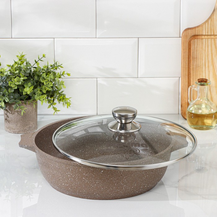 Жаровня «Гранит Brown», 4 л, h=8,5 см, стеклянная крышка, антипригарное покрытие, цвет коричневый Жаровня «Гранит Brown», 4 л, h=8,5 см, стеклянная крышка, антипригарное покрытие, цвет коричневый