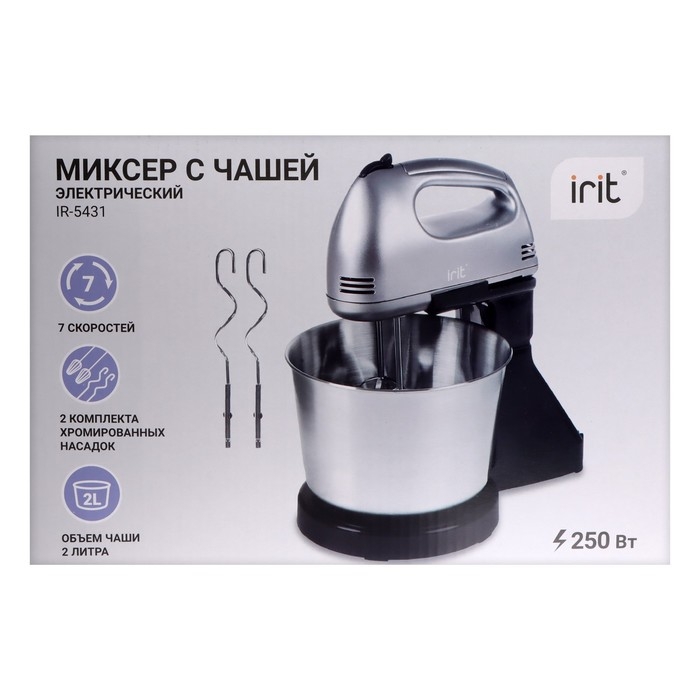Миксер Irit IR-5431, стационарный, 250 Вт, 2 л, 7 скоростей, 4 насадки, серебристый Миксер Irit IR-5431, стационарный, 250 Вт, 2 л, 7 скоростей, 4 насадки, серебристый