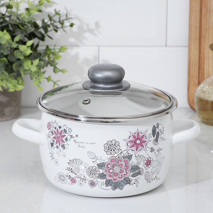 Кастрюля эмалированная «Весенний романс», 2 л, стеклянная крышка, индукция Кастрюля эмалированная «Весенний романс», 2 л, стеклянная крышка, индукция