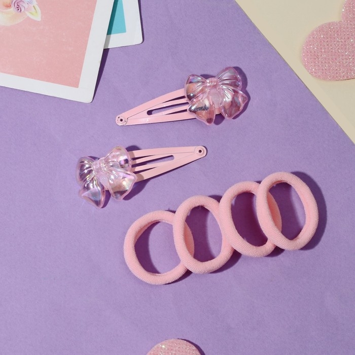 Набор для волос Набор для волос "Розовое чудо" (2 невидимки 5 см, 4 резинки) бантик, розовый