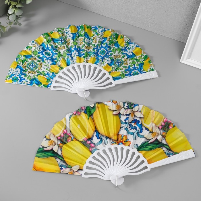 Веер пластик, текстиль  Веер пластик, текстиль "Лимонный орнамент" МИКС 23 см