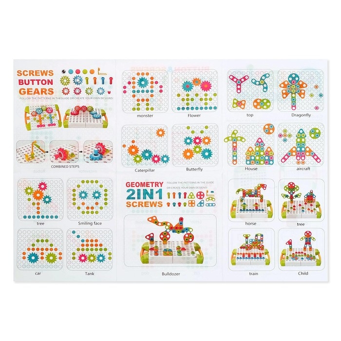 Конструктор винтовой «Пуговки и шестеренки», 3 в 1, с шуруповёртом, 147 деталей и 12 карточек Конструктор винтовой «Пуговки и шестеренки», 3 в 1, с шуруповёртом, 147 деталей и 12 карточек