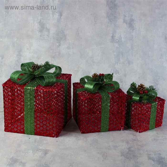 Светодиодная фигура «Подарки с зелёной лентой» 15, 20, 25 см, текстиль, металл, 220 В, свечение тёплое белое Светодиодная фигура «Подарки с зелёной лентой» 15, 20, 25 см, текстиль, металл, 220 В, свечение тёплое белое