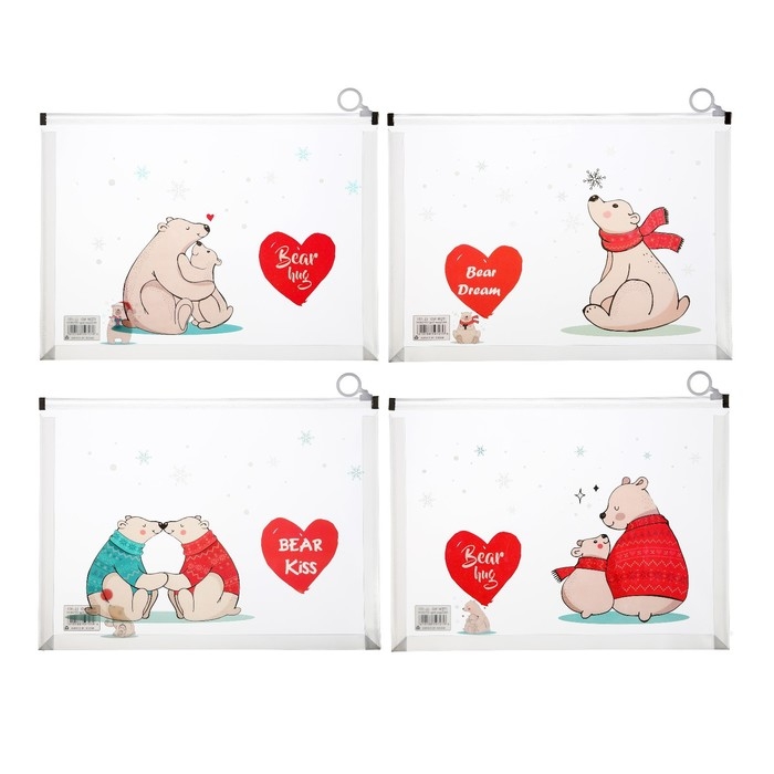 Папка-конверт на молнии формат А4, 180мкр, с рисунком Папка-конверт на молнии формат А4, 180мкр, с рисунком "Медведи", МИКС