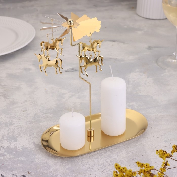 Подсвечник "Карусель с единорогами", золотая, металл, 8,5 х 18 см