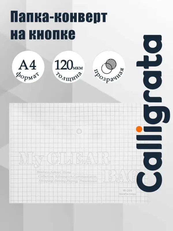 Папка-конверт на кнопке, А4, 120 мкм, Calligrata &laquo;Клетка&raquo;, прозрачный, бесцветный