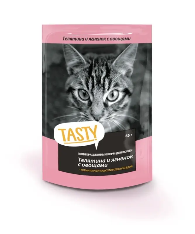 Tasty корм конс. д/кош. с телятиной, ягненком и овощами в желе, пауч, 85 г Tasty корм конс. д/кош. с телятиной, ягненком и овощами в желе, пауч, 85 г