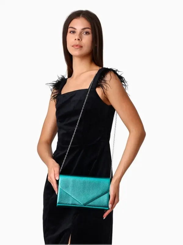 Сумка-клатч женская вечерняя на магните, на серебристой цепочке, зелёная