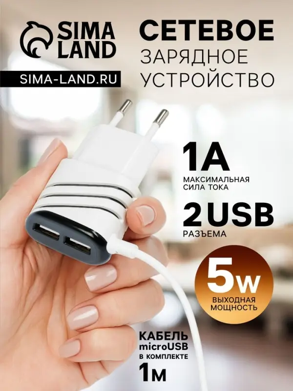 Сетевое зарядное устройство Luazon GQ-18, 2 USB, microUSB, 1 A, 1 м, белое