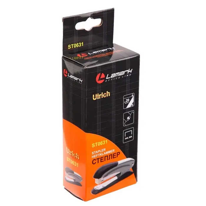 Степлер № 24/6, 26/6, Lamark Ulrich, встроенный антистеплер, индикатор скоб, до 20 листов, металлический корпус, чёрный