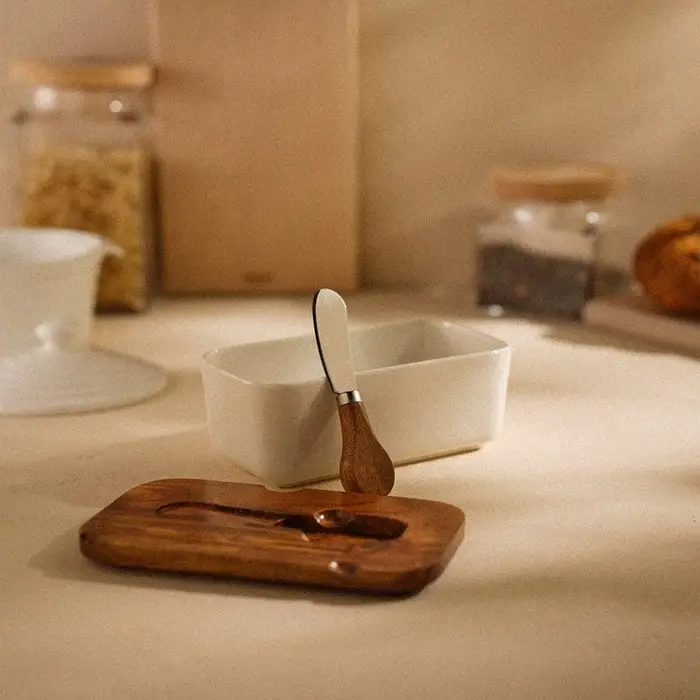 Паштетница с ножом SL Home &laquo;Южная акация&raquo;, фарфор, 2 предмета: паштетница с деревянной крышкой 650 мл, нож 12.3&times;3 см