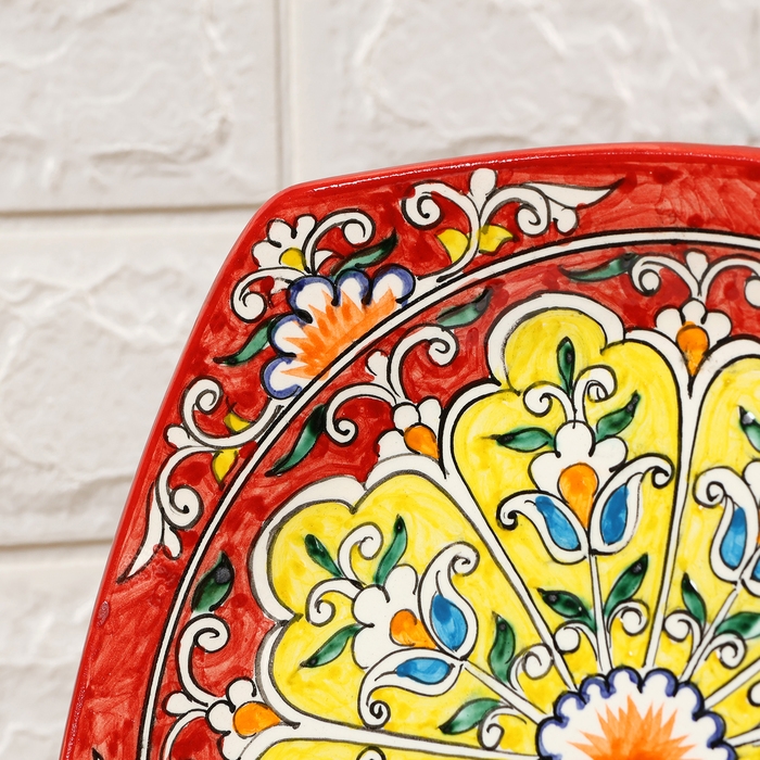 Тарелка Риштанская Керамика "Узоры", красная, 20 см, квадратная