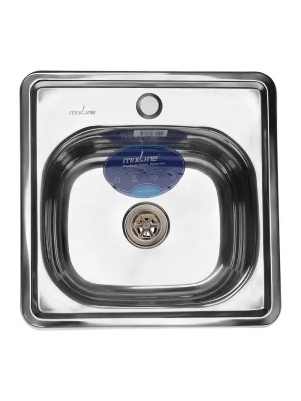 Мойка кухонная MIXLINE 531266, врезная, толщина 0.6 мм, 38&times;38&times;15 см, вып. 3 1/2", с сифоном