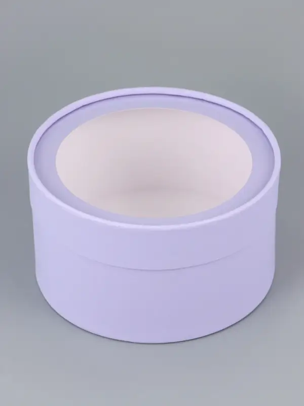 Подарочная коробка круглая бледно-фиолетовая, завальцованная с окном, 18&times;10 см
