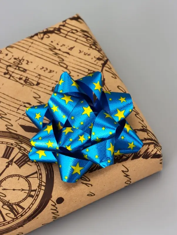 Подарочный Бант - звезда №7.5, металлик с рисунком, для упаковки подарков, набор 8 шт., МИКС