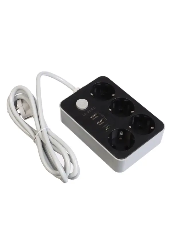 Удлинитель сетевой, 4 розетки, 2 м, 1300 Вт, 3&times;0.75 мм2, 2 USB-A, USB-C, 2.1 А, с заземлением, с выключателем