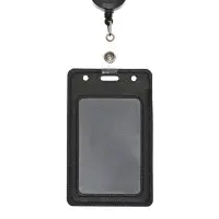 Бейдж - карман вертикальный кожзам, внешний размер 110&times;68 мм, внутренний размер 85&times;54 мм, рулетка 60 см, чёрный