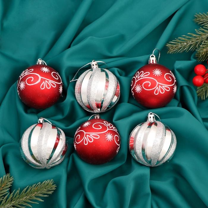 Набор шаров пластик d-6 см, 6 шт Набор шаров пластик d-6 см, 6 шт "Беата узоры" серебристо-красный