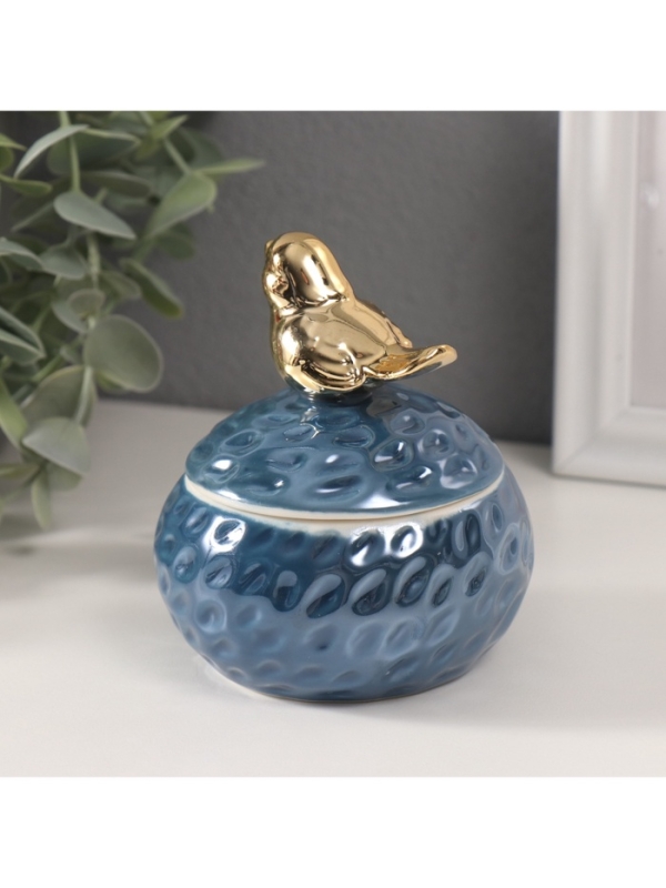 Шкатулка керамика "Золотая птичка на гнезде" синий перламутр 8,5х8,5х10 см
