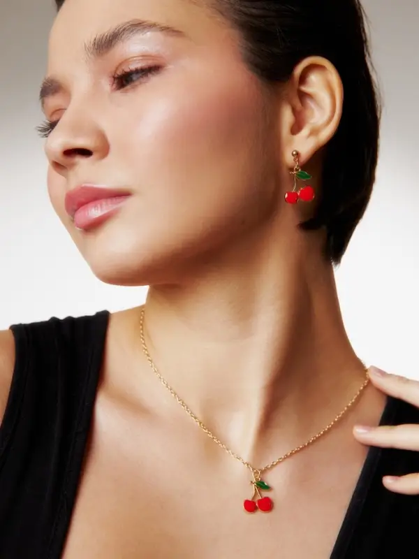 Набор 2 предмета: серьги, кулон &laquo;Вишенки&raquo;, 44 см, красный в золоте