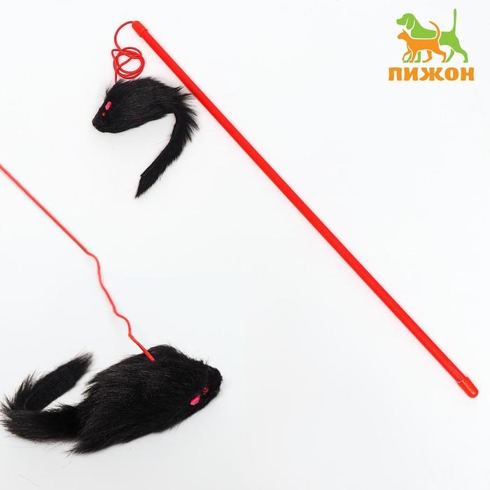 Дразнилка-удочка с чёрной мышью, палочка, микс цветов Дразнилка-удочка с чёрной мышью, палочка, микс цветов