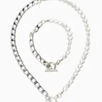 Набор 2 пред-а: колье,браслет "Жемчуг сердце с цепочкой" 18/42, цвет белый в серебре