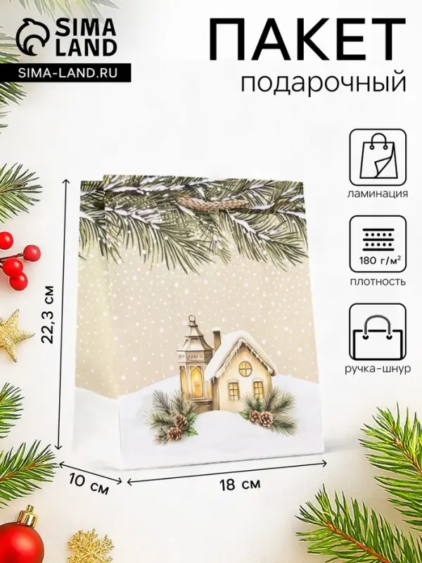 Пакет подарочный новогодний ламинированный, &laquo;Новогодний дом&raquo;, 18&times;10&times;22.3 см