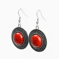 Серьги &laquo;Круг&raquo;, винтаж, красные в чернённом серебре