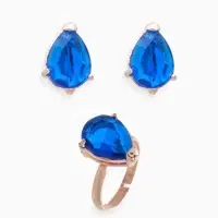 Гарнитур 3 предмета: серьги, кулон, кольцо безразмерное &laquo;Эдель&raquo;, капля, синие в золоте, 45 см