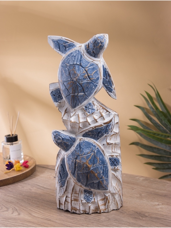 Скульптура "Морские черепахи" дерево Албезия, 15х8х40 см, цв. синий