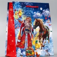 Пакет подарочный новогодний ламинированный, «Дед Мороз с Конём» , 18×10×22.3 см