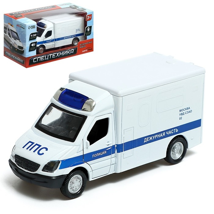 Машина металлическая «Полиция», 1:32, инерционная, световые и звуковые эффекты, русская озвучка, открываются двери, цвет белый