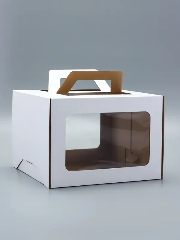 Коробка под торт 2 окна, с ручками, белая, + подложка 2.5 золото - белый, 28&times;28&times;20 см