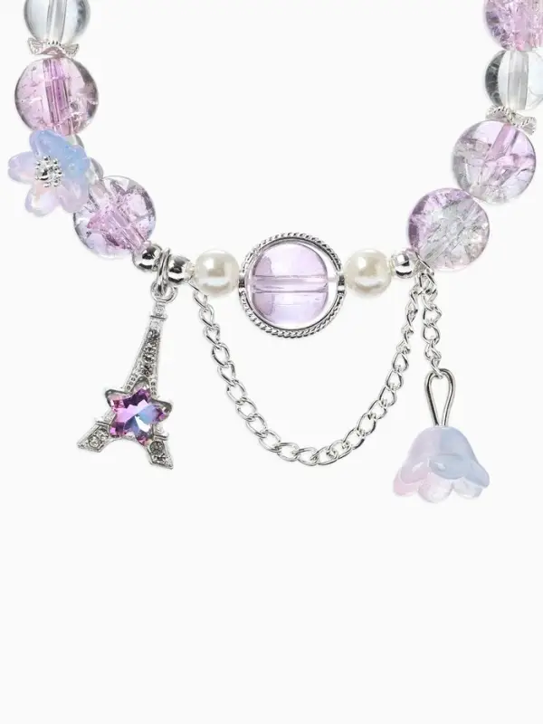 Браслет с подвесками &laquo;Сахарный. Башня с цветами&raquo;, d=6 см, шар №10/8, фиолетовый, розовый в серебре