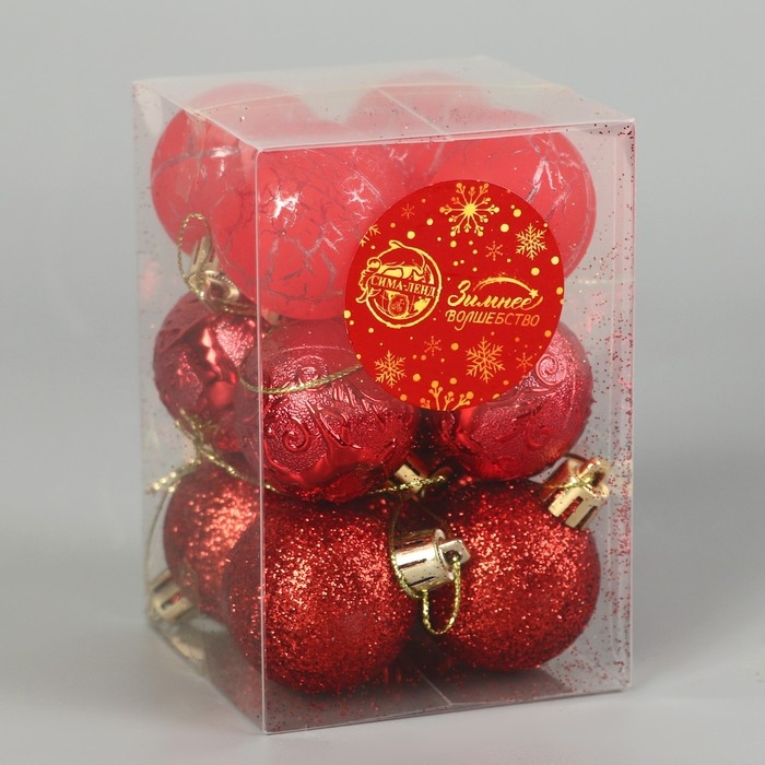 Набор шаров пластик d-4 см, 12 шт Набор шаров пластик d-4 см, 12 шт "Мелодия" узор треск, красный