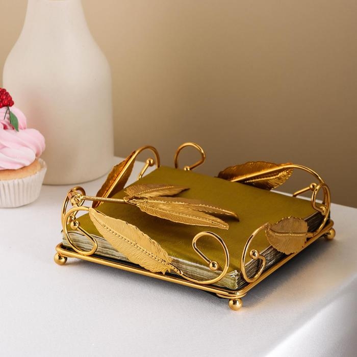 Салфетница «Перо», 17×17×6 см, цвет металла золотой Салфетница «Перо», 17×17×6 см, цвет металла золотой