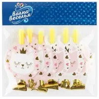 Карнавальные язычки гудки "Котенок Принцесса" 11 см, 6 шт. в упак.