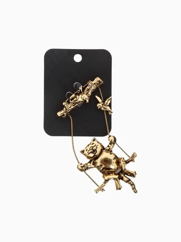 Брошь &laquo;Кот на качелях&raquo;, цвет чернёное золото