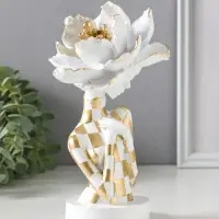 Бюст полистоун "Девушка с белым цветком, в клетчатом наряде" бело-золотой 11х11х20 см