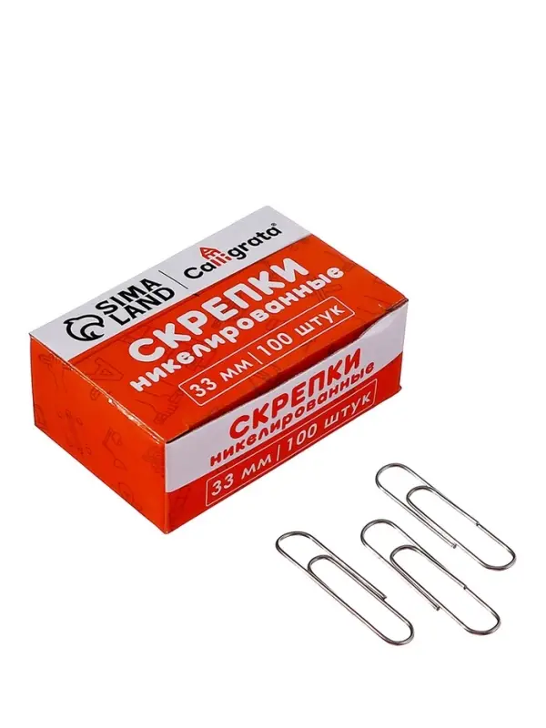 Скрепки 33 мм никелированные в картонной коробке 100 штук