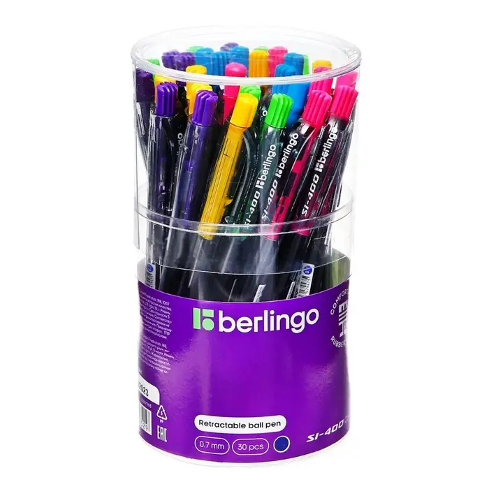 Ручка шариковая Berlingo. SI-400 Color, автоматическая, синий стержень, узел 0.7 мм, резиновый упор, МИКС
